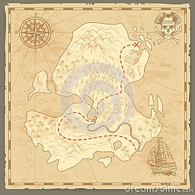 Treasure island map. Retro wallpaper vintage islands map nautical travel background with compass ship pirate concept Vector Illustration