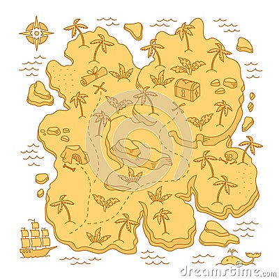 Treasure Island. Pirates Isle adventure. Sea ship. Board game chest map. Vector cartoon line. Open paths. Editable Vector Illustration