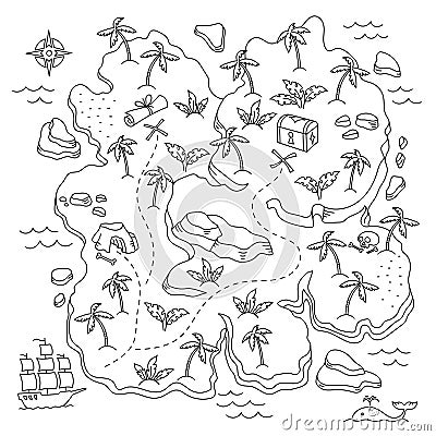 Treasure Island. Pirates Isle adventure. Sea ship. Board game chest map. Vector line. Open paths. Editable outline. Vector Illustration