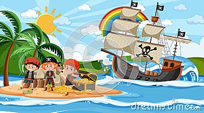 Treasure Island scene at daytime with Pirate kids Vector Illustration