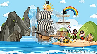 Treasure Island scene at daytime with Pirate kids Vector Illustration