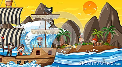 Treasure Island scene at sunset time with Pirate kids Vector Illustration
