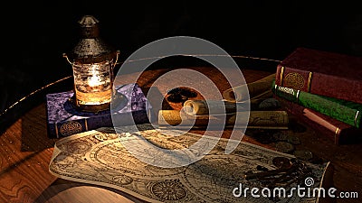 Treasure Map, Lantern & Books Stock Photo