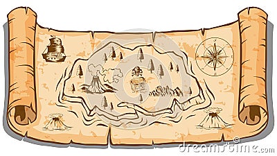 Treasure map on roll paper Vector Illustration