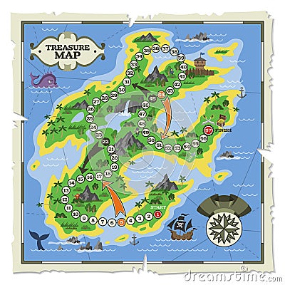 Treasure map vector pirate adventure on island navigation in ocean illustration backdrop of piratic plan with start Vector Illustration