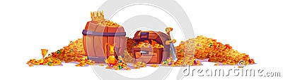 Treasure, pirate chest, gold, barrel with coins Vector Illustration