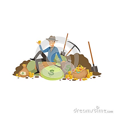 Treasure seeker sit on pile of tearsure Vector Illustration