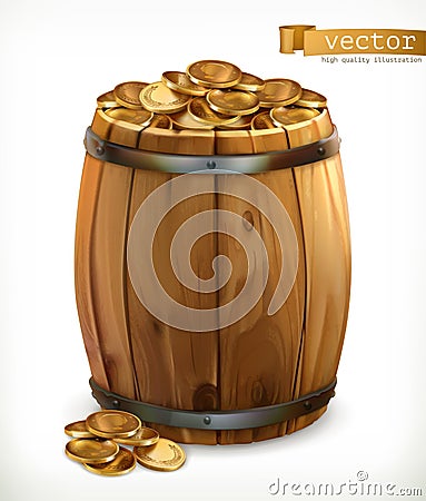 Treasure. Wooden barrel with gold coins. 3d vector Vector Illustration