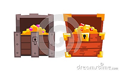 Treasure Wooden Brown Chests Set, Opened Old Pirate Dower Chest with Gold Cartoon Vector Illustration Stock Photo