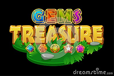 Treasures and gems on an isometric grass platform. Vector Illustration