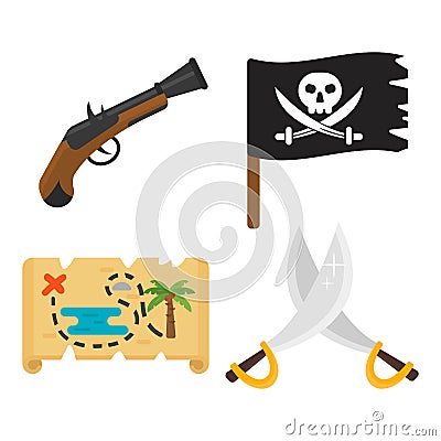 Treasures pirate adventures toy accessories icons vector set. Vector Illustration