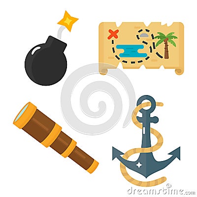 Treasures pirate adventures toy accessories icons vector set. Vector Illustration