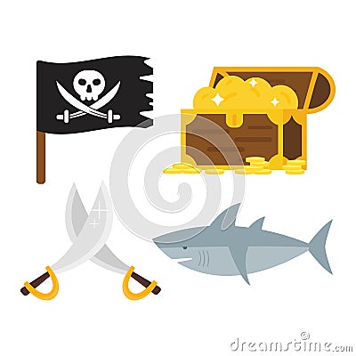 Treasures pirate adventures toy accessories icons vector set. Vector Illustration