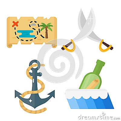 Treasures pirate adventures toy accessories icons vector set. Vector Illustration