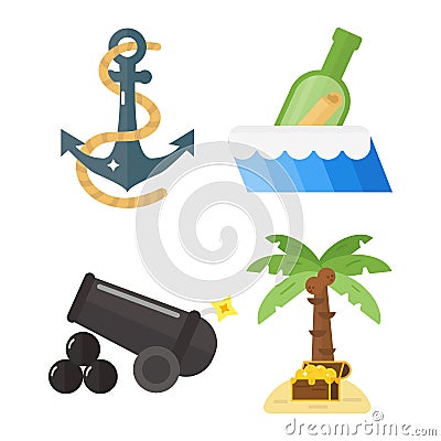 Treasures pirate adventures toy accessories icons vector set. Vector Illustration