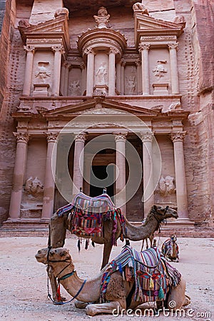Treasury ancient architecture with camels in valley in Petra, Jordan Stock Photo