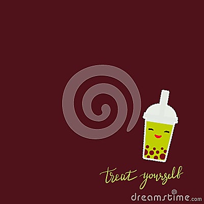 Treat yourself. Card banner template. Hand drawn calligraphy. Kawaii bubble tea with pink cheeks and eyes, on brown background. Vector Illustration