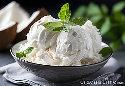 Vanilla ice cream with mint leaves in a bowl, selective focus Stock Photo