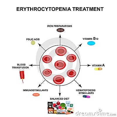 Treatment of erythrocytopenia. Reducing red blood cells. Cells erythrocytes. Hemoglobin. The structure of red blood Vector Illustration