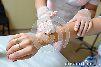 Treatment of the hand with anti-irritation after hair removal, d Stock Photo