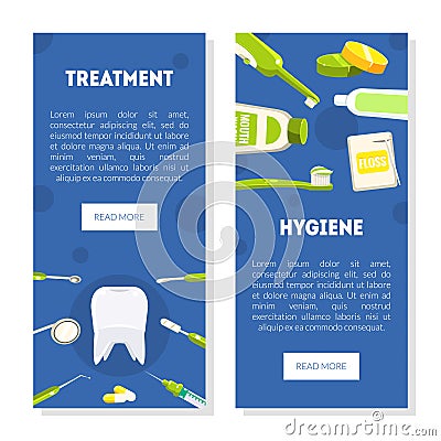 Treatment, Hygiene Vertical Banners Templates Set, Dentist Tools and Equipment, Dental Clinic Service, Mobile Website Vector Illustration