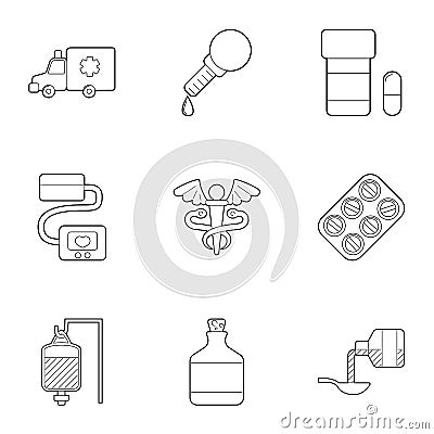 Treatment of patients icons set, outline style Vector Illustration