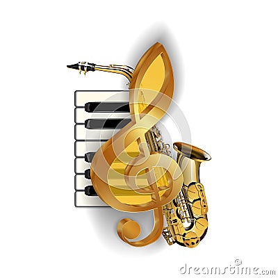 Treble clef on the background saxophone piano keys Vector Illustration