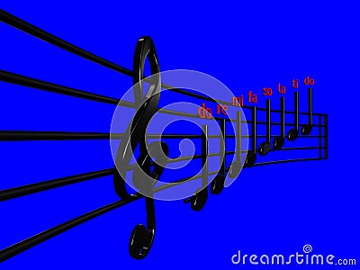 Treble clef and Crotchet black in perspective sheet music with blue background 3D illustration - Do re mi sheet music 3D illustrat Cartoon Illustration