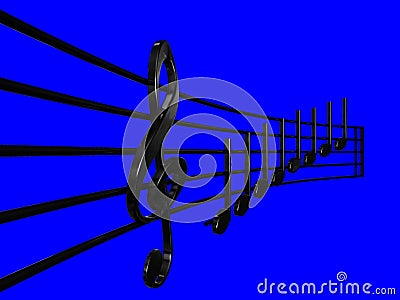 Treble clef and Crotchet black in perspective sheet music with blue background 3D illustration - Do re mi sheet music 3D illustrat Cartoon Illustration