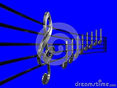 Treble clef and Crotchet silver in perspective sheet music with blue background 3D illustration - Do re mi sheet music 3D illustra Cartoon Illustration