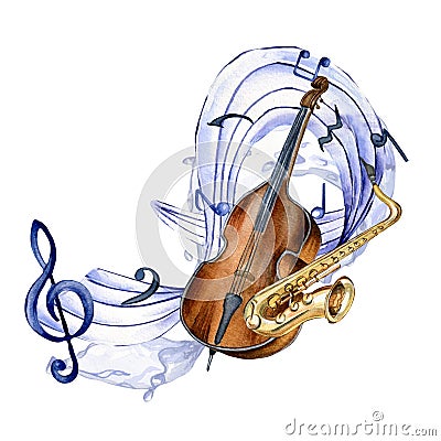 Treble clef, musical notes and contrabass watercolor illustration on white. Cartoon Illustration