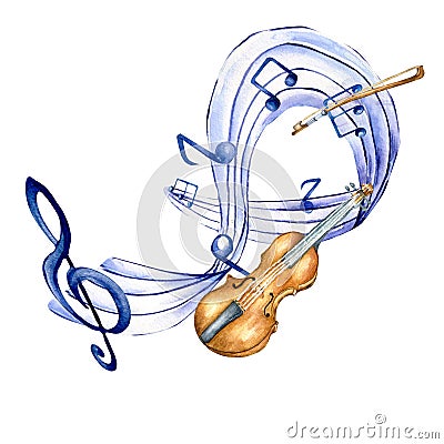 Treble clef, musical notes and fiddle watercolor illustration on white. Cartoon Illustration