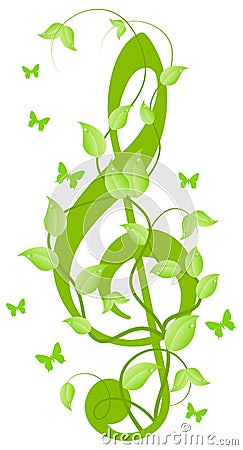 Treble clef with small butterflies Vector Illustration