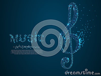 Treble clef vector polygonal art style. Low poly wireframe illustration. Music note. Destructing triangles Vector Illustration