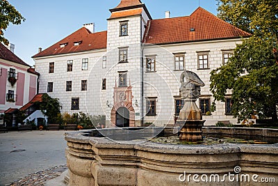 Trebon, South Bohemia, Czech Republic, 9 October 2021: Castle Courtyard, Renaissance chateau with sgraffito mural decorated Editorial Stock Photo