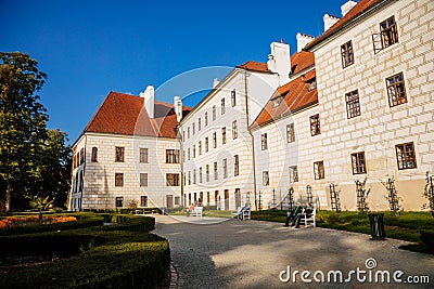 Trebon, South Bohemia, Czech Republic, 9 October 2021: Castle Courtyard, Renaissance chateau with tower and sgraffito mural Editorial Stock Photo