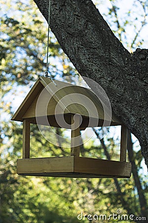 Tree big birdhouse. Preparing for the winter. The place where bird feed is put in Stock Photo