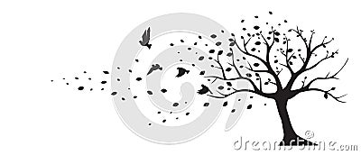 Tree wind leaves birds vector, wall decals, wall decor. Black Art design isolated on white background. Vector Illustration