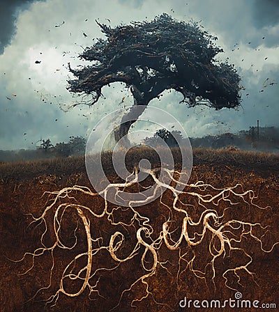 Tree Blown in Storm with Jesus Roots Stock Photo