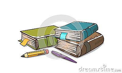 Tree books with pen and pencil Vector Illustration