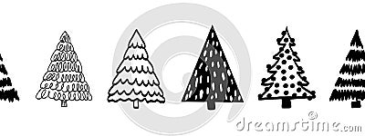 Tree border black on white seamless vector border. Monochrome Christmas trees repeating pattern hand drawn sketch style. Modern Vector Illustration