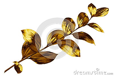 Tree branch with golden leaves on white background isolated closeup, decorative gold color plant sprig, yellow shiny metal twig Cartoon Illustration