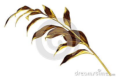 Tree branch with golden leaves on white background isolated closeup, decorative gold color plant sprig, yellow shiny metal twig Cartoon Illustration