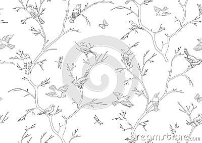 Tree branches against the sky with sparrow, finches, butterflies, dragonflies. Vector Illustration