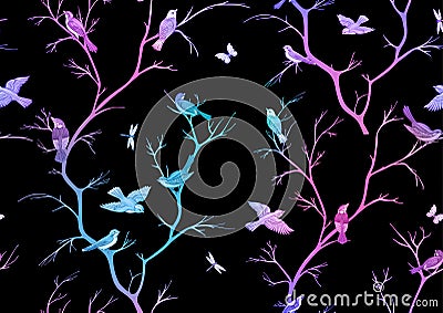 Tree branches against the sky with sparrow, finches, butterflies, dragonflies. Vector Illustration