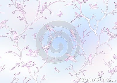 Tree branches against the sky with sparrow, finches, butterflies, dragonflies. Vector Illustration