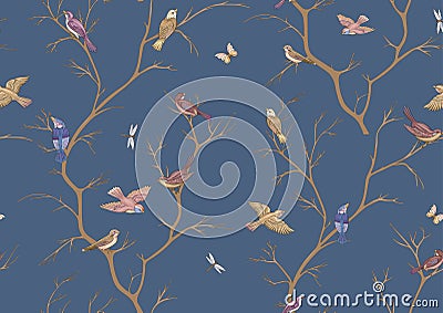 Tree branches against the sky with sparrow, finches, butterflies, dragonflies. Vector Illustration