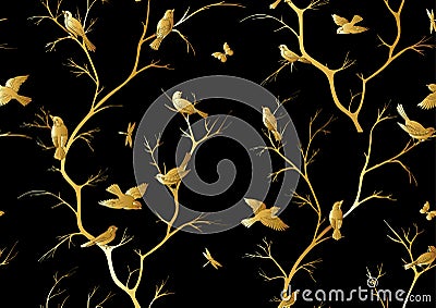 Tree branches against the sky with sparrow, finches, butterflies, dragonflies. Vector Illustration