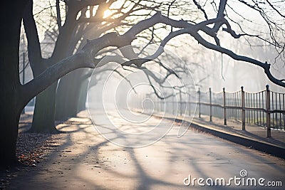 tree branches casting eerie shadows on a foggy path Stock Photo