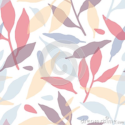 Tree branches hand drawn vector seamless pattern. Multicolor foliage silhouettes decorative texture. Abstract red, blue Vector Illustration